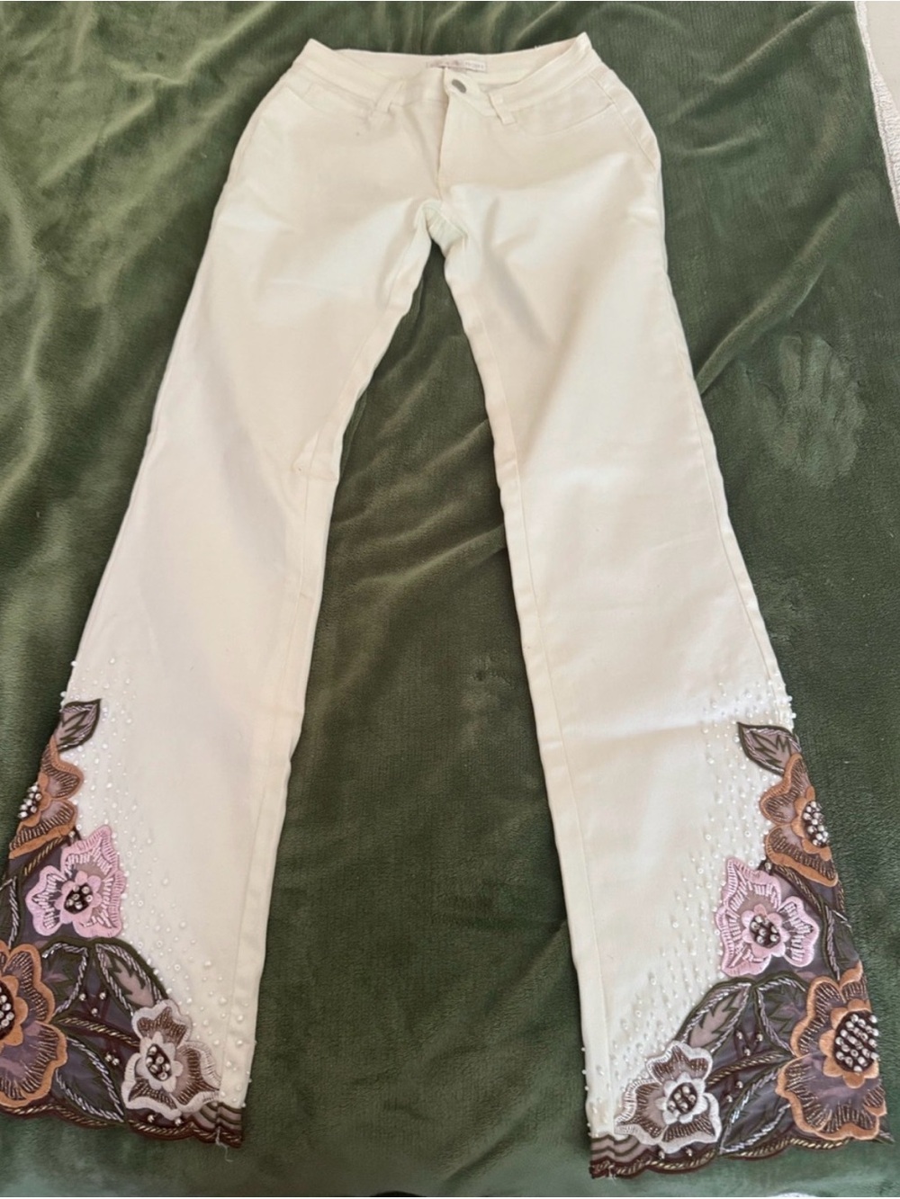 Boston Proper Cream Flare Jeans with Embroidered Floral Hem